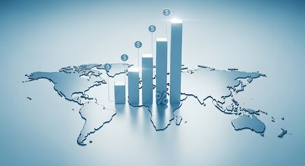 Global metallic world map features increasing bar charts with dollar symbols showing rising numbers