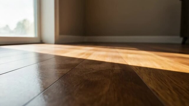 Sunlight on a new clean hardwood floor. Low angle view of a home interior with wood flooring and natural light. Empty room background.