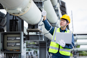Engineer is working at high voltage power substation conducting inspection and check of...