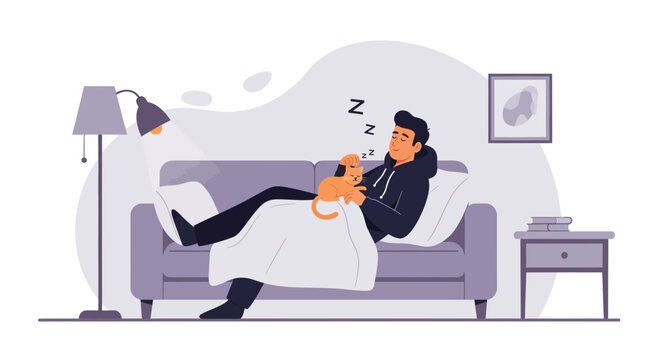 Relaxing Afternoon Napping With A Pet Cat In The Living Room Illustration