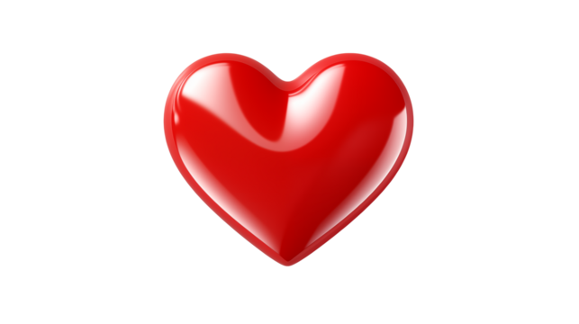 Shiny red heart symbol with realistic reflections and smooth contours isolated on white or transparent png.