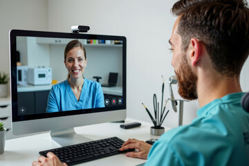 Dentist and Patient Smiling in Virtual Consultation with Dental Tools in Background