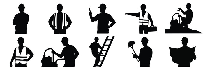 Construction worker silhouette people safety banner icon infographic illustration modern template minimal graphic design pattern poster creative helmet vest ladder tool blueprint plan industrial job l