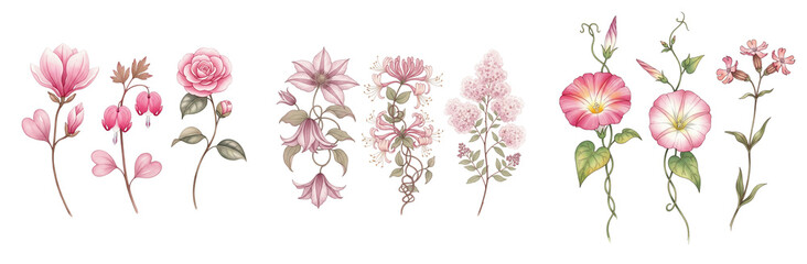 Graceful Watercolor Collection of Pink Magnolias, Bleeding Hearts, Clematis, and Morning Glories, Perfect for Romantic Floral Designs