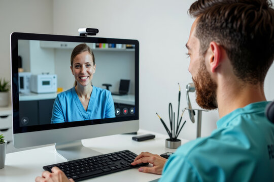 Dentist and Patient Smiling in Virtual Consultation with Dental Tools in Background