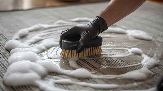 Hand scrubbing carpet with soap foam carpet cleaning brush