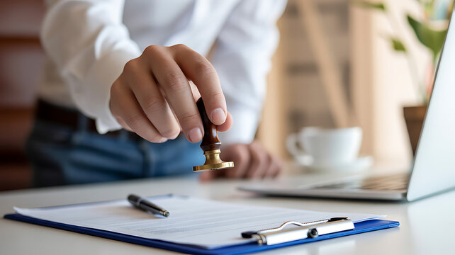 Hand holding wooden stamp over document brass