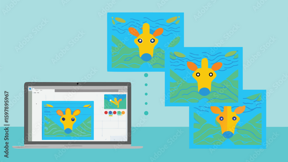 Poster laptop displaying giraffe art with multiple floating giraffe images on a light blue background