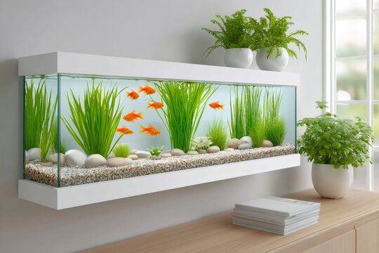 Goldfish swimming in modern wall mounted aquarium with green plants