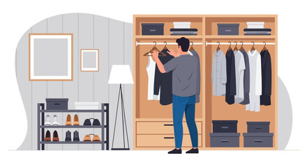 Young Man Arranging Clothes Inside Wardrobe At Home Modern Flat Vector Style