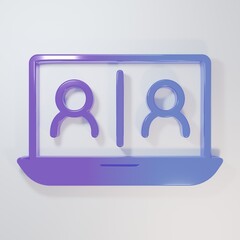 Purple-blue Video chat conference icon isolated on grey background. Online meeting work form home. Remote project management. Minimalism concept. 3D render illustration