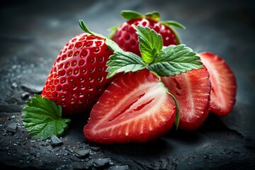 Close up of juicy ripe strawberries against a dark background in low key photography style