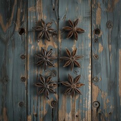Artfully arranged anise star cookies on a rustic wooden surface from an aerial perspective