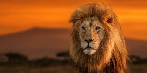 The majestic lion standing proudly against a vibrant sunset backdrop.