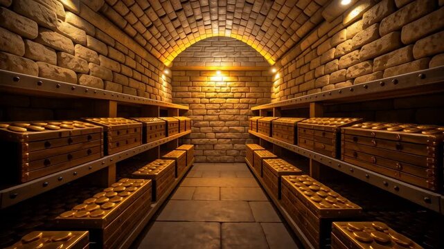 Gold bar stack concept ,Dimly Lit Vault Showcasing Gold Bars on Shelves, Stone Walls Enhancing Wealth and Mystery in Warm Lighting