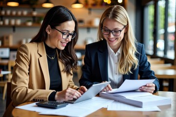 Two chic young professionals immersed in work at a coffee shop, surrounded by paperwork and calculators, sporting fashionable glasses and trendy attire