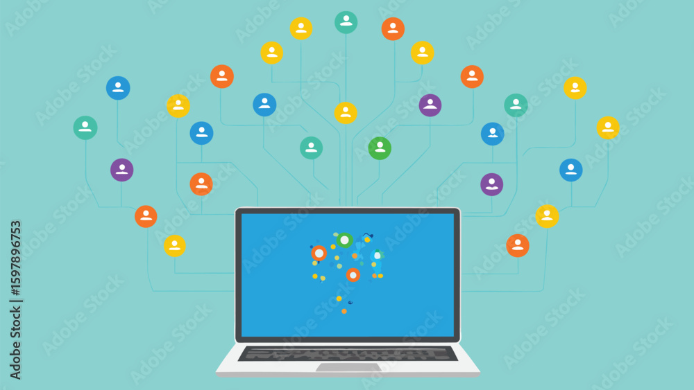 Leinwandbilder Laptop displaying a network of colorful user icons connected by lines on a light blue background