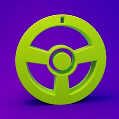 Green Racing steering wheel icon isolated on purple-blue background. Car wheel icon. Minimalism concept. 3D render illustration