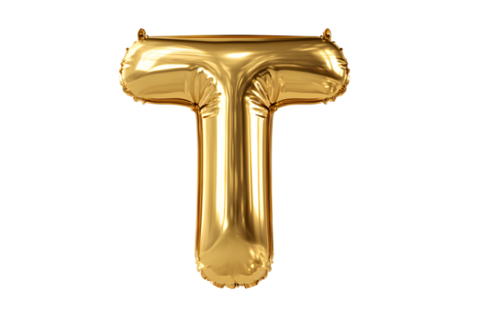 Gold Foil Balloon Letter T on Transparent Background