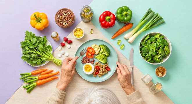 Flat lay of a healthy meal on a table for elderly people surrounded by fresh vegetables and vitamins. Concept of longevity, well-being and self-care.