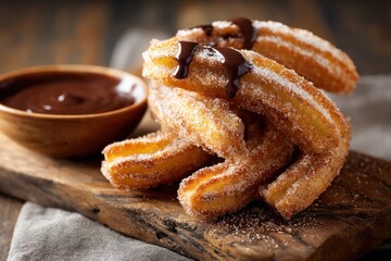 Delicious churros drizzled with rich chocolate sauce sit atop a rustic wooden board, showcasing a tempting dessert perfect for culinary themes and sweet treat promotions.