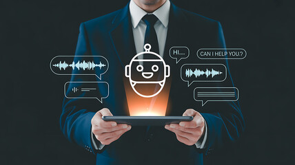Man holding tablet with chatbot interface and voice waveforms suit