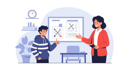 Fototapeta premium Satisfied Student Shows Approval To Teacher With Graph In Academic Setting