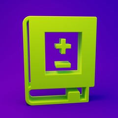 Obraz premium Green Book with mathematics icon isolated on purple-blue background. Math book. Education concept about back to school. Minimalism concept. 3D render illustration