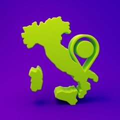 Green Map of Italy icon isolated on purple-blue background. Minimalism concept. 3D render illustration