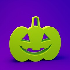 Green Pumpkin icon isolated on purple-blue background. Happy Halloween party. Minimalism concept. 3D render illustration