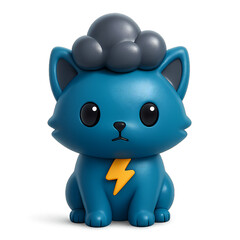 Stylized 3D cartoon cat in dark blue with lightning-bolt chest emblem. Glossy finish and expressive eyes—ideal for superhero or weather theme assets