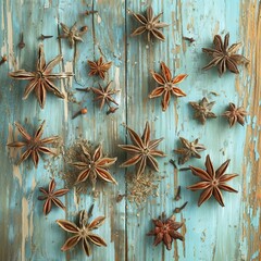 Artfully arranged anise star cookies on rustic wooden surface with a top down perspective