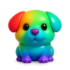 Adorable 3D cartoon rainbow-colored puppy with glossy gradient finish. Perfect for whimsical kids’ media, stickers, and apps