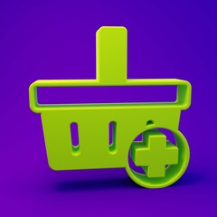 Green Add to Shopping basket icon isolated on purple-blue background. Online buying concept. Delivery service. Supermarket basket symbol. Minimalism concept. 3D render illustration