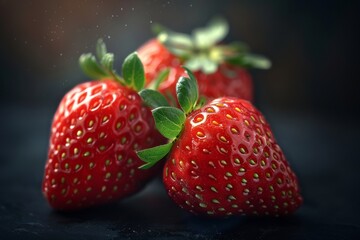 Close up of luscious ripe strawberries on a dark background in dramatic low key photography