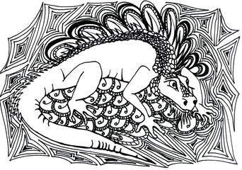 Iguana with a crest on the back. Geometric pattern with triangles and spirals. Black and white oriental wallpaper. Cartoon image of an animal. Digital illustration for coloring. Bubbles with drops.