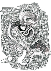 Traditional Japanese dragon similar to a snake. Geometric pattern with triangles and spirals. Black and white oriental landscape. Cartoon image of a fantasy animal. Digital illustration for coloring.