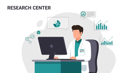Scientist Analyzing Data At Computer In Lab Or Research Center Office