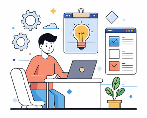 Naklejka premium Modern flat vector of mobile app development and coding, UI_UX design process, programmer at desk, light interface, digital product design concept, tech startup scene