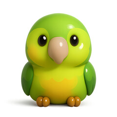 Adorable 3D cartoon green parrot with big eyes on white background