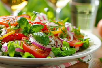 Colorful salad with bell peppers, arugula, onions, and fresh herbs on a dining table