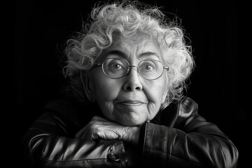 Elderly native american woman wearing leather jacket and oversized glasses against dark backdrop