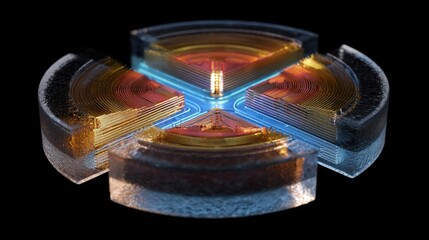 Artistic representation of a 3D cavity resonator in crosssection where a solitary qubit resides at the center. The vibrant colors and layered textures emphasize the quantum realms enigmatic