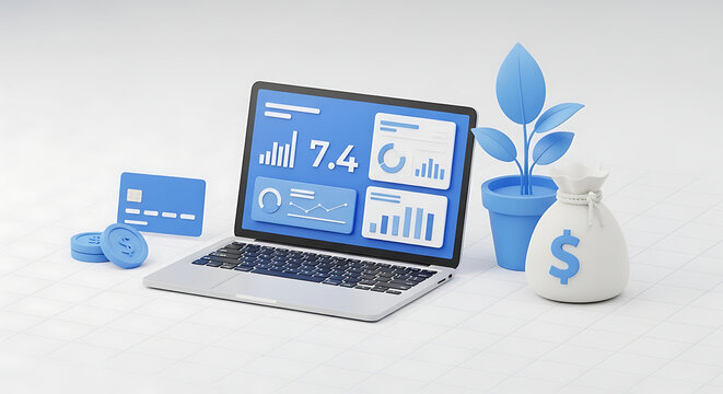 Laptop displaying data charts sits near a money bag, coins, and credit card