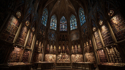 Obraz premium Majestic Library Interior with Stained Glass Windows and Bookshelves