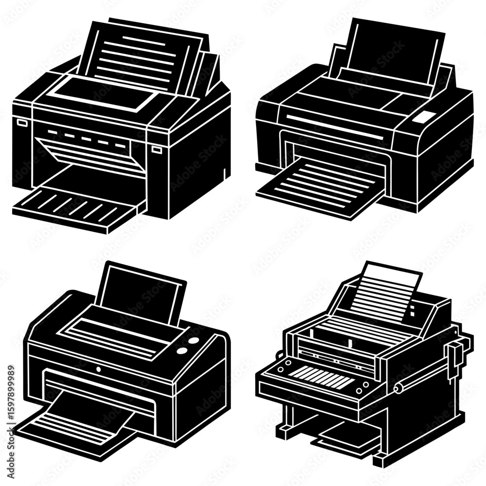 Fototapete four different black and white printer illustrations showing printing and paper loading mechanisms i