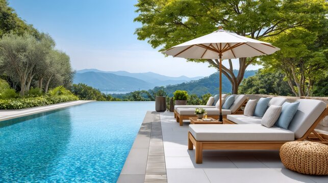 Infinity pool overlooking picturesque mountainous landscape with sun loungers - Powered by Adobe