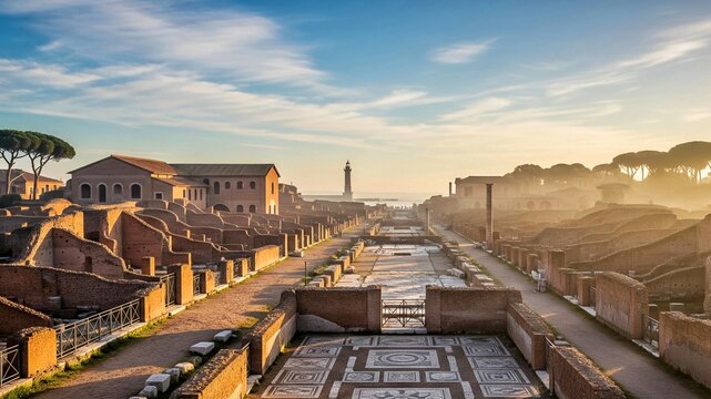 Sunrise over Ancient Roman Ruins of Ostia Antica with Mosaic Streets and Stone Architecture