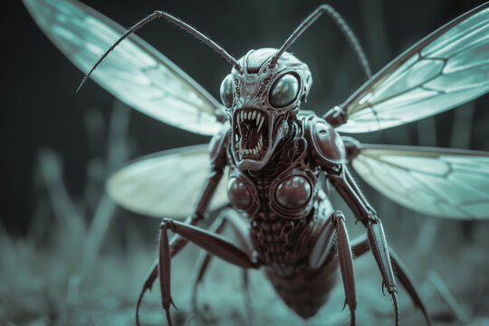 A terrifying insect monster with sharp teeth and menacing wings is captured in a closeup shot, revealing its intricate details