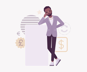 Dark skin currency trader financial market stock exchange board lean pose. Stockbroker dealer, investment advisor vector flat style cartoon illustration, dollar, euro, pound currency signs background